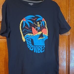 Old Navy Boy's Navy Blue Tee with Surfing Skeleton Graphic Size 18